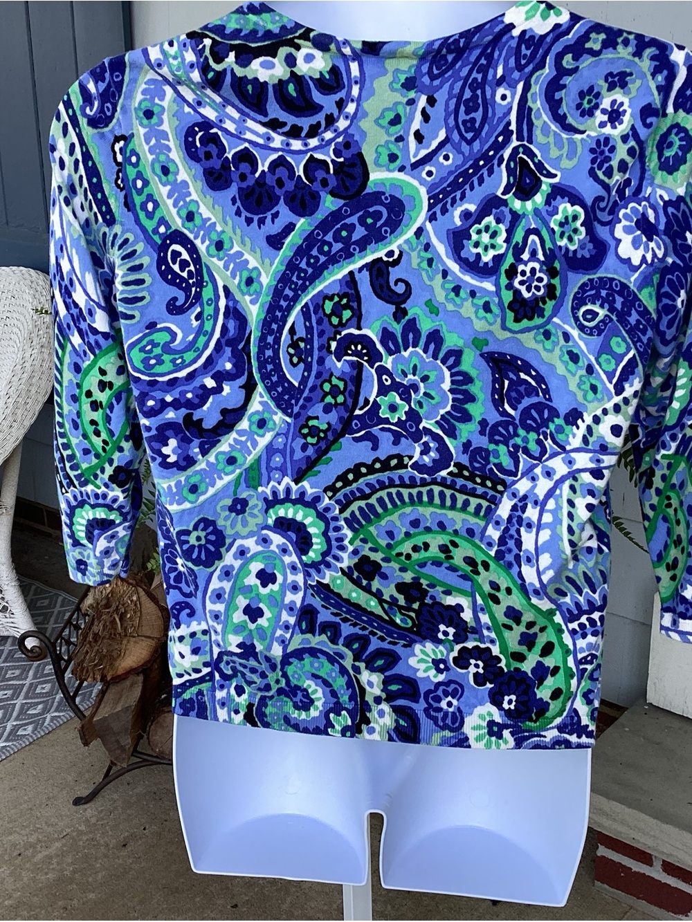 Talbots Blue Green Paisley Three Quarter Sleeve Lightweight Knit Sweater XL NWOT - Picture 2 of 10